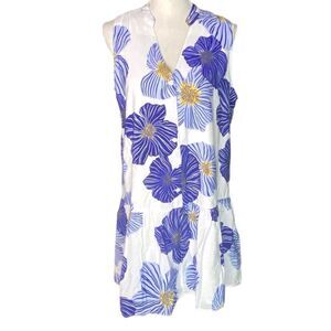 Nine West Wms Sz Lrg Blue Floral Button Front Ruffle Hem Lined Relaxed Fit Dress